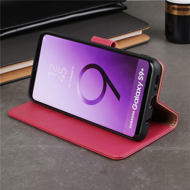 Litchi Texture Genuine Leather Wallet Stand Cover for Samsung Galaxy S9+ G965 - Red-26