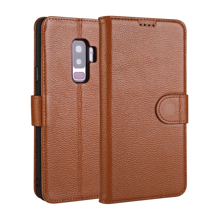 Litchi Texture Genuine Leather Wallet Mobile Casing for Samsung Galaxy S9+ G965 - Brown-1
