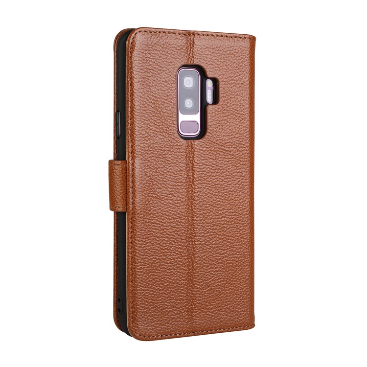 Litchi Texture Genuine Leather Wallet Mobile Casing for Samsung Galaxy S9+ G965 - Brown-3