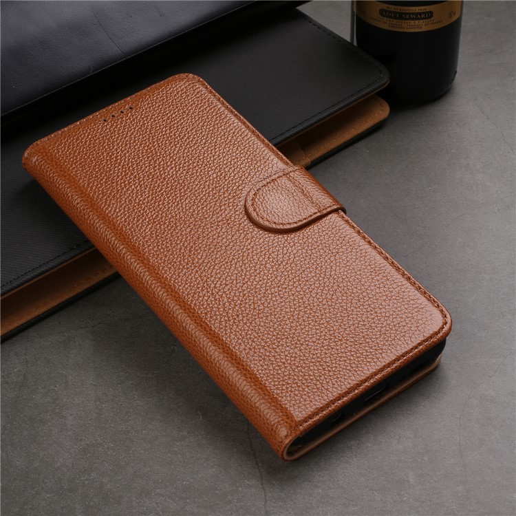 Litchi Texture Genuine Leather Wallet Mobile Casing for Samsung Galaxy S9+ G965 - Brown-4
