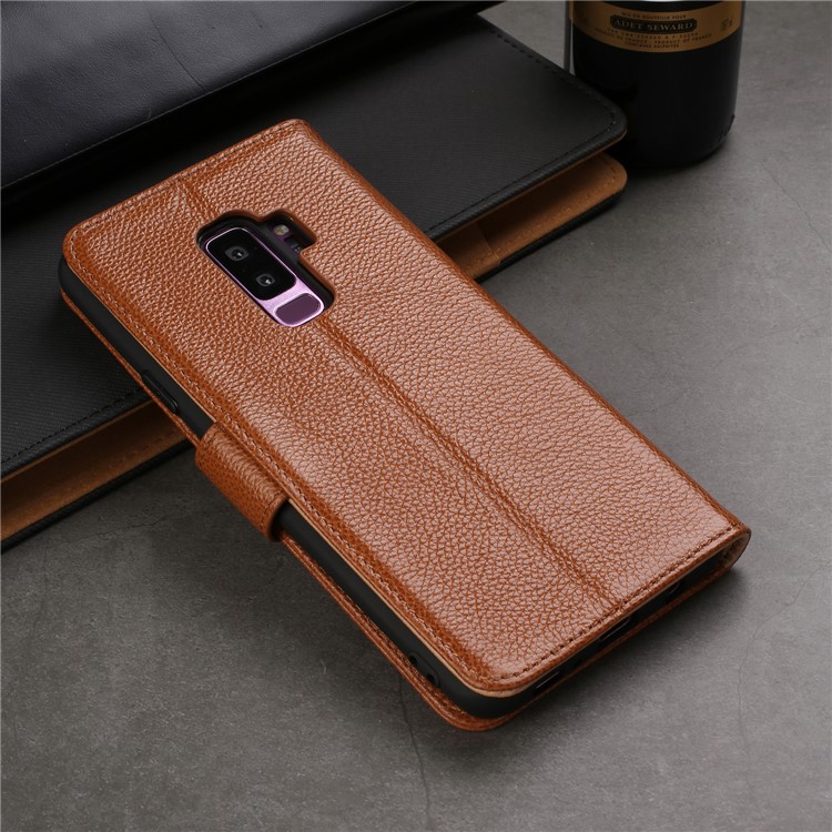 Litchi Texture Genuine Leather Wallet Mobile Casing for Samsung Galaxy S9+ G965 - Brown-5
