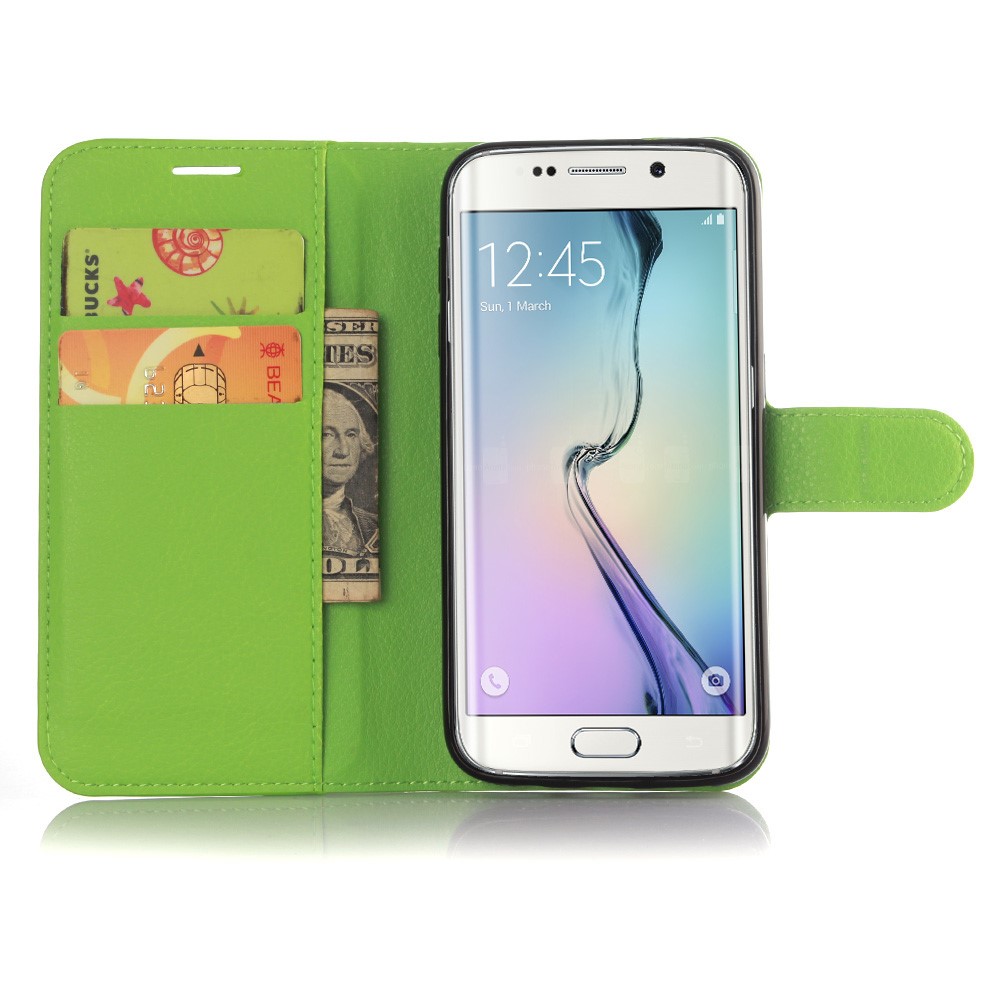 Litchi Skin Card Holder Stand Leather Cover for Samsung Galaxy S7 Edge - Green-3