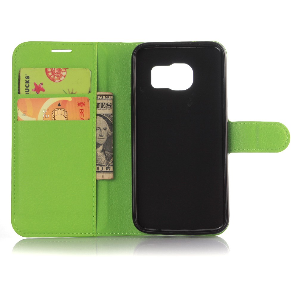 Litchi Skin Card Holder Stand Leather Cover for Samsung Galaxy S7 Edge - Green-4