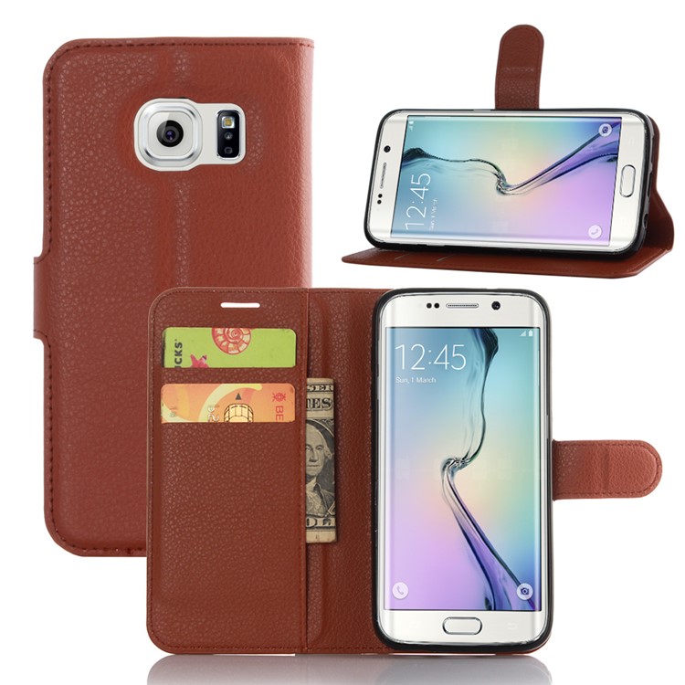 Litchi Grain Wallet Stand Leather Shell for Samsung Galaxy S7 Edge - Brown-4
