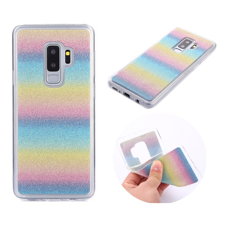 For Samsung Galaxy S9 Plus SM-G965 Gradient Glitter Powder TPU Back Cover Case - Horizontal Colorful Stripes-1