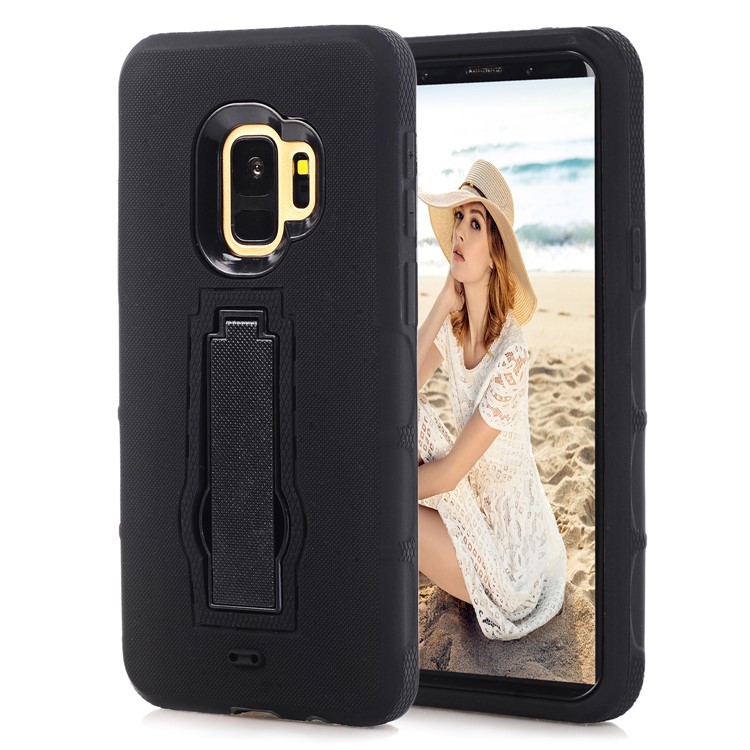 3-piece Dot Texture Kickstand PC+TPU Hybrid Shock Resistant Case for Samsung Galaxy S9 SM-G960 - Black-3
