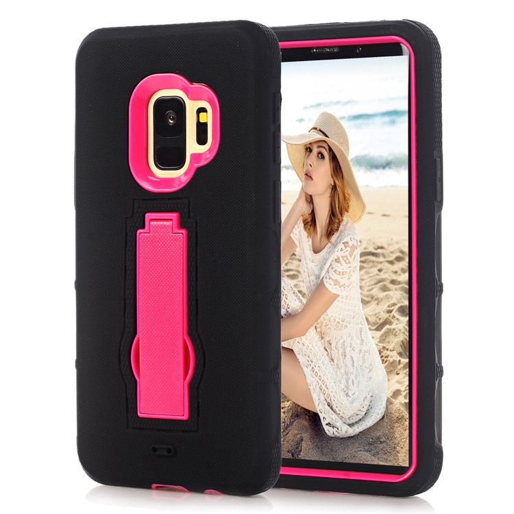 3-piece Dot Texture Kickstand PC+TPU Hybrid Shock Resistant Cover for Samsung Galaxy S9 SM-G960 - Rose / Black-3