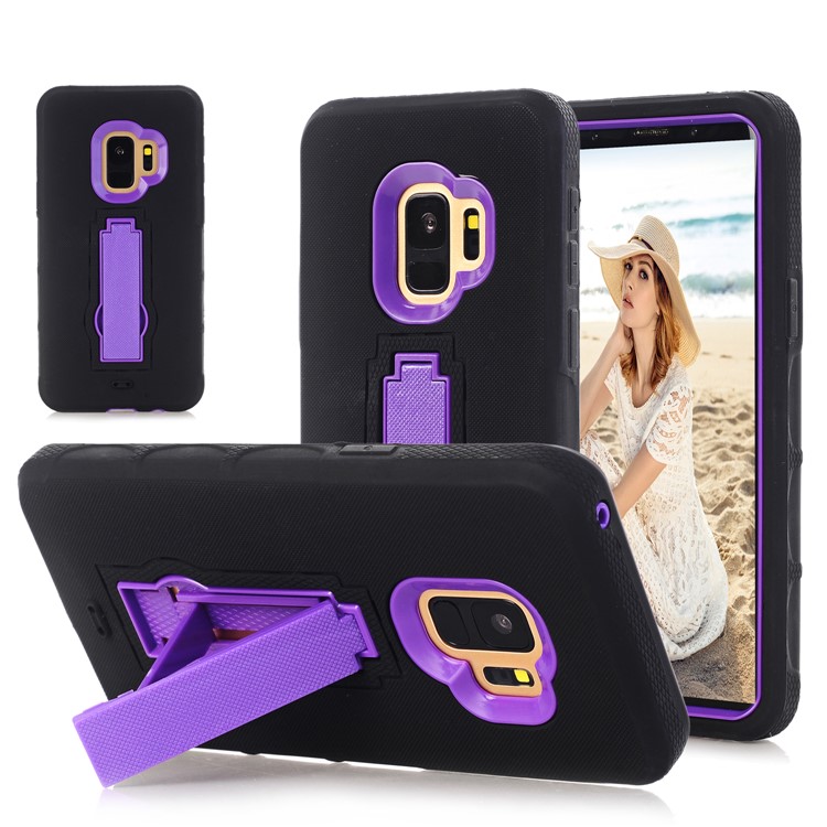 3-piece Dot Texture Kickstand PC+TPU Hybrid Shockproof Phone Casing for Samsung Galaxy S9 SM-G960 - Purple / Black-1