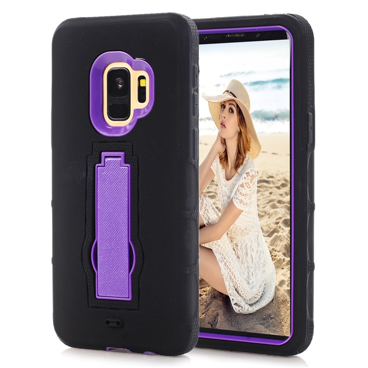 3-piece Dot Texture Kickstand PC+TPU Hybrid Shockproof Phone Casing for Samsung Galaxy S9 SM-G960 - Purple / Black-3