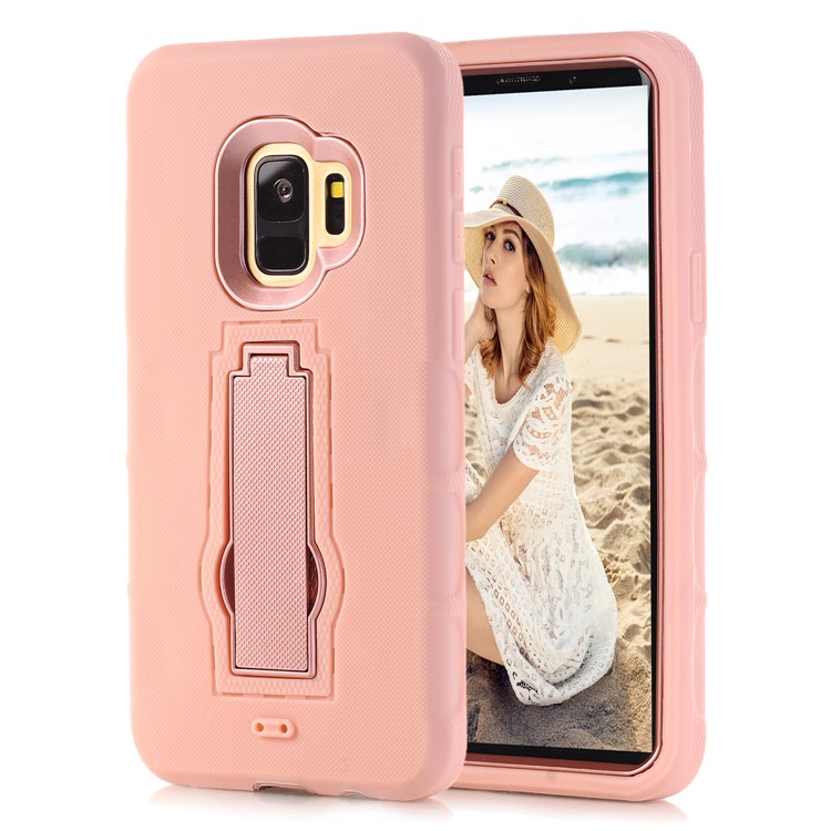 3-piece Dot Texture Kickstand PC+TPU Hybrid Shockproof Back Case for Samsung Galaxy S9 SM-G960 - Rose Gold-4