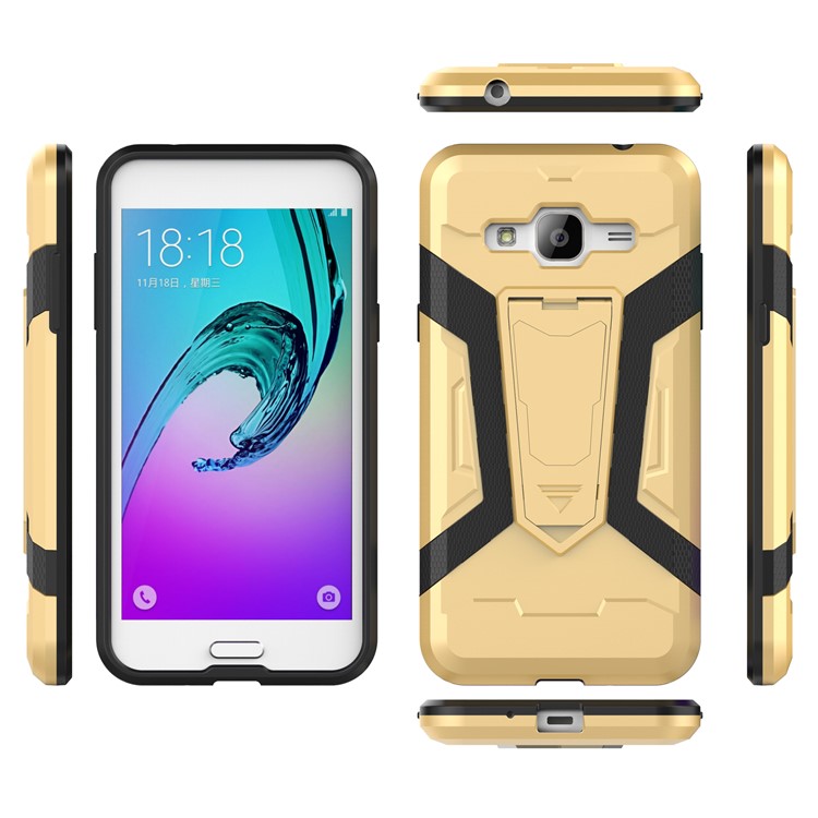 Armor PC + TPU Hybrid Cell Phone Casing Cover with Kickstand for Samsung Galaxy J3 (2016) - Gold-11