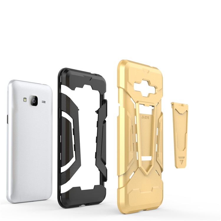 Armor PC + TPU Hybrid Cell Phone Casing Cover with Kickstand for Samsung Galaxy J3 (2016) - Gold-5