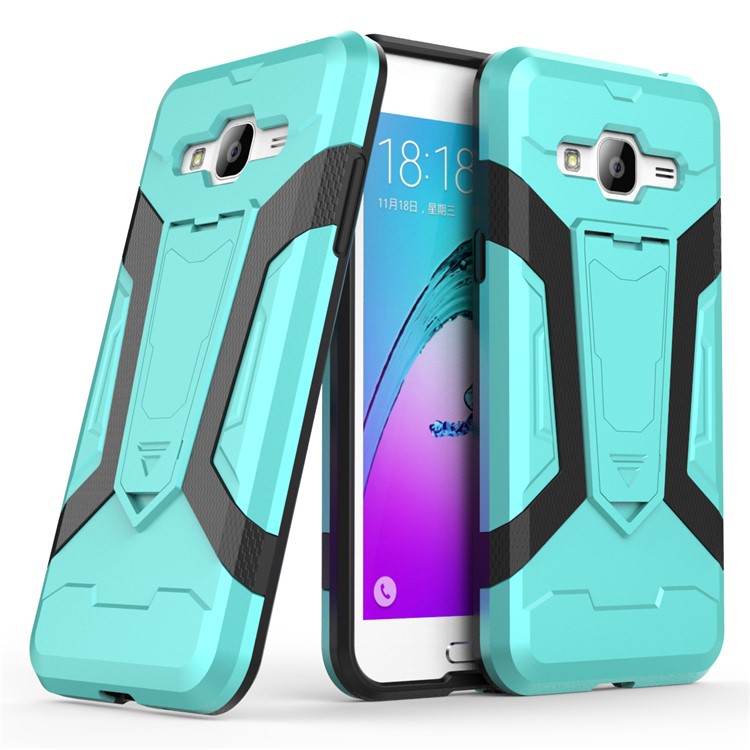 Armor PC + TPU Hybrid Cell Phone Shell Cover with Kickstand for Samsung Galaxy J3 (2016) - Cyan-1