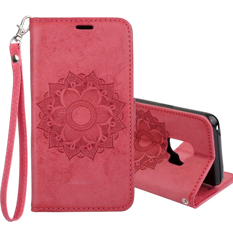 Imprint Mandala Flower PU Leather Wallet Flip Phone Case for Samsung Galaxy S9 G960 - Red-1