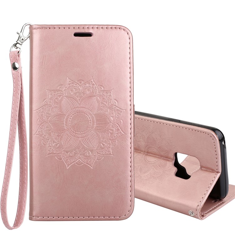 Imprint Mandala Flower PU Leather Wallet Flip Phone Cover for Samsung Galaxy S9 G960 - Rose Gold-1