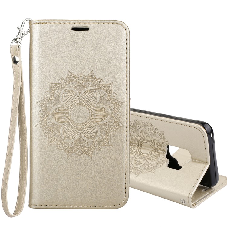 Imprint Mandala Flower PU Leather Wallet Flip Phone Casing Cover for Samsung Galaxy S9 G960 - Gold-1