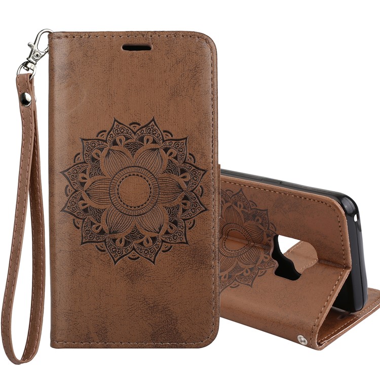 Imprint Mandala Flower PU Leather Wallet Flip Phone Accessory Cover for Samsung Galaxy S9 G960 - Brown-1