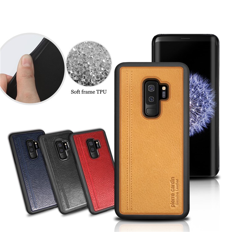 PIERRE CARDIN Genuine Leather Coated TPU Mobile Phone Case for Samsung Galaxy S9+ SM-G965 - Brown-8