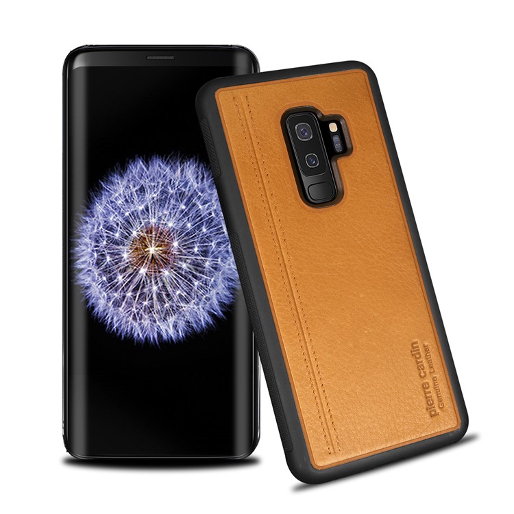 PIERRE CARDIN Genuine Leather Coated TPU Mobile Phone Shell for Samsung Galaxy S9 Plus SM-G965 - Yellow-1