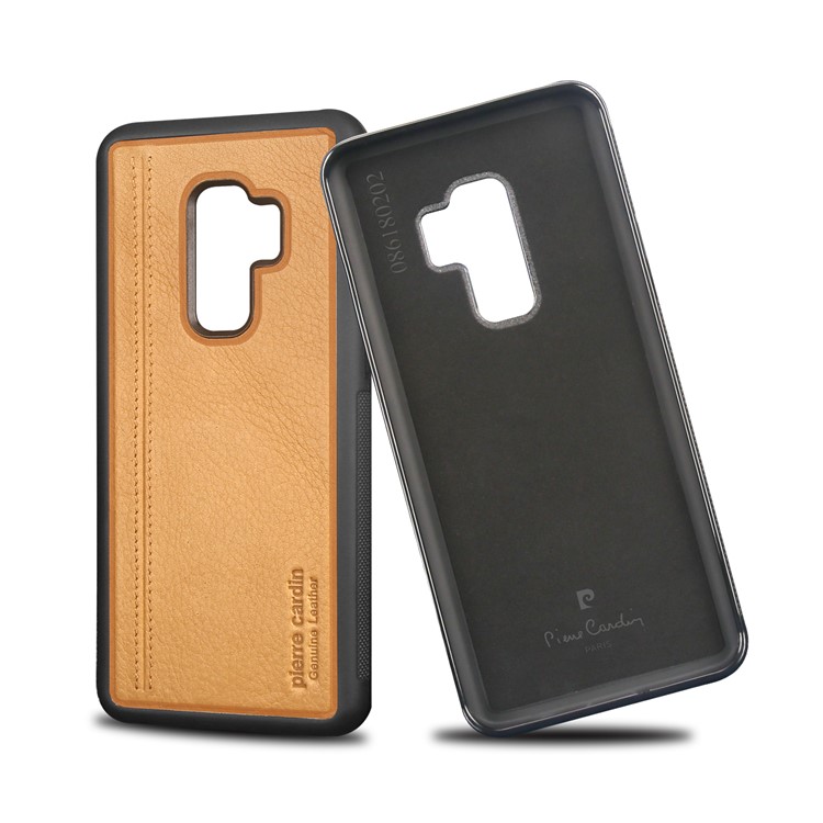 PIERRE CARDIN Genuine Leather Coated TPU Mobile Phone Shell for Samsung Galaxy S9 Plus SM-G965 - Yellow-3