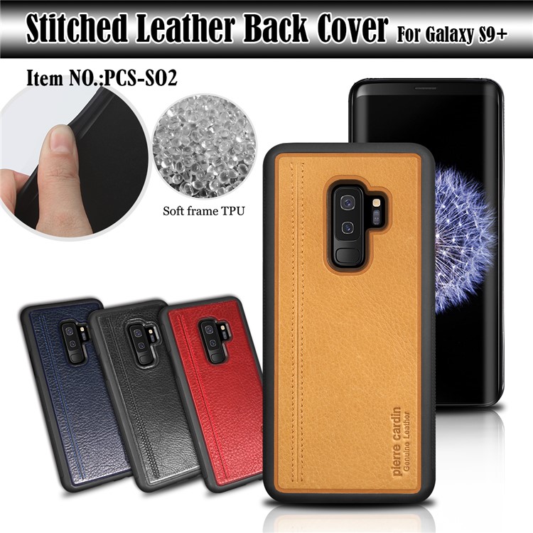 PIERRE CARDIN Genuine Leather Coated TPU Mobile Phone Shell for Samsung Galaxy S9 Plus SM-G965 - Yellow-4