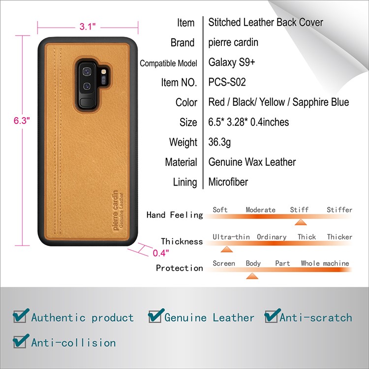 PIERRE CARDIN Genuine Leather Coated TPU Mobile Phone Shell for Samsung Galaxy S9 Plus SM-G965 - Yellow-5