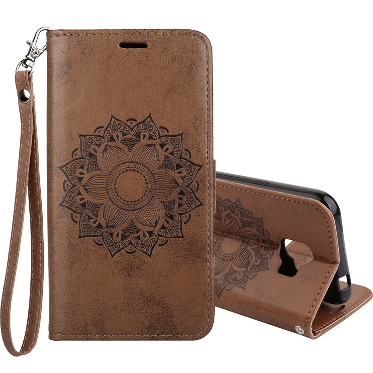 Imprint Mandala Flower PU Leather Wallet Flip Phone Case for Samsung Galaxy J2 Pro 2018 - Brown-1
