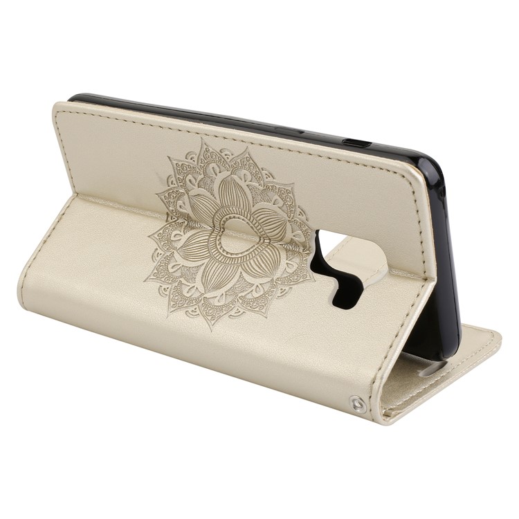 For Samsung Galaxy A8 (2018) Imprint Mandala Flower Stand Wallet Leather Protective Shell - Gold-6