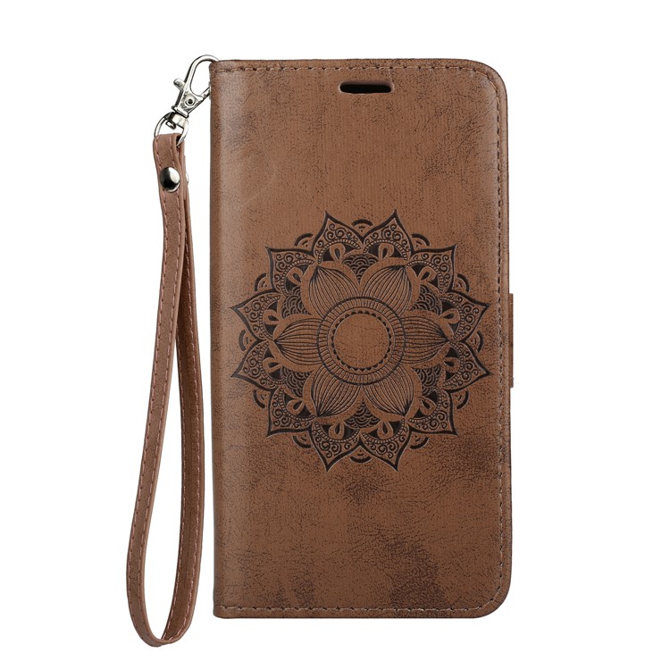 For Samsung Galaxy A8 (2018) Imprint Mandala Flower Stand Wallet PU Leather Mobile Case - Brown-2