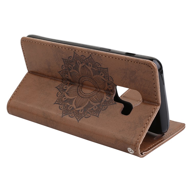 For Samsung Galaxy A8 (2018) Imprint Mandala Flower Stand Wallet PU Leather Mobile Case - Brown-6