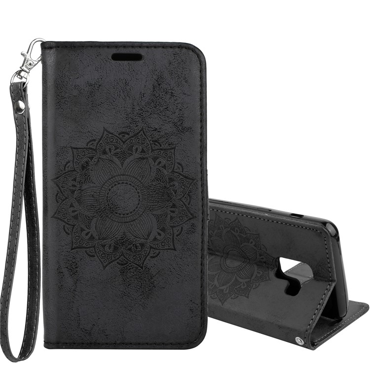 Imprint Mandala Flower Stand Wallet Leather Case for Samsung Galaxy A8+ (2018) - Black-1