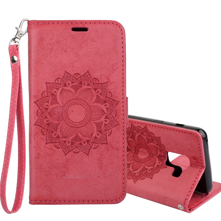 Imprint Mandala Flower Stand Wallet Leather Cover Accessory for Samsung Galaxy A8 Plus (2018) - Rose-1