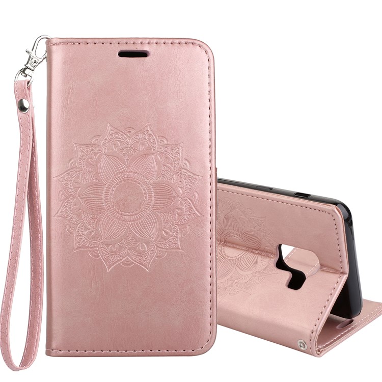 Imprint Mandala Flower Stand Wallet Leather Flip Cover for Samsung Galaxy A8+ (2018) - Rose Gold-1