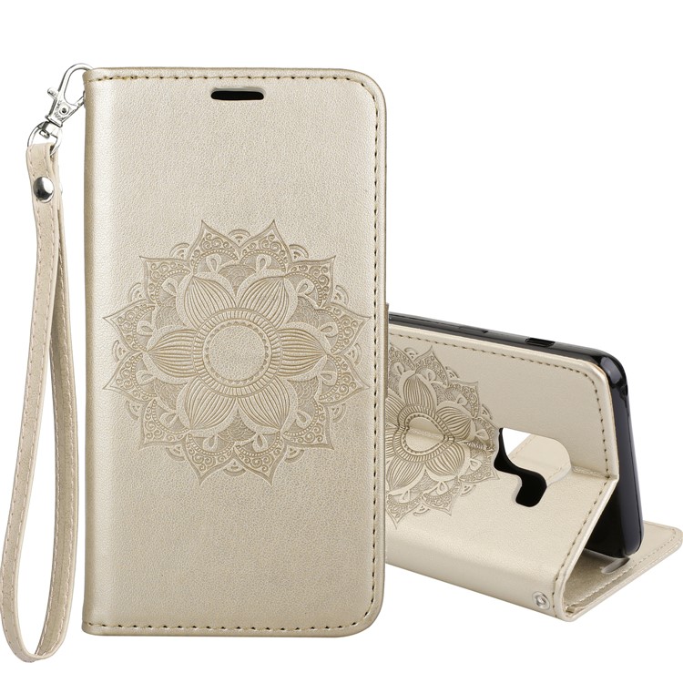 Imprint Mandala Flower Stand Wallet Leather Protective Folio Cover for Samsung Galaxy A8+ (2018) - Gold-1