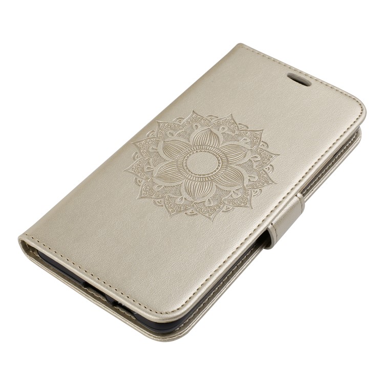 Imprint Mandala Flower Stand Wallet Leather Protective Folio Cover for Samsung Galaxy A8+ (2018) - Gold-4