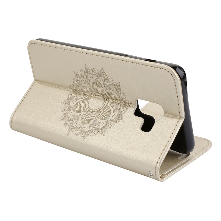 Imprint Mandala Flower Stand Wallet Leather Protective Folio Cover for Samsung Galaxy A8+ (2018) - Gold-6