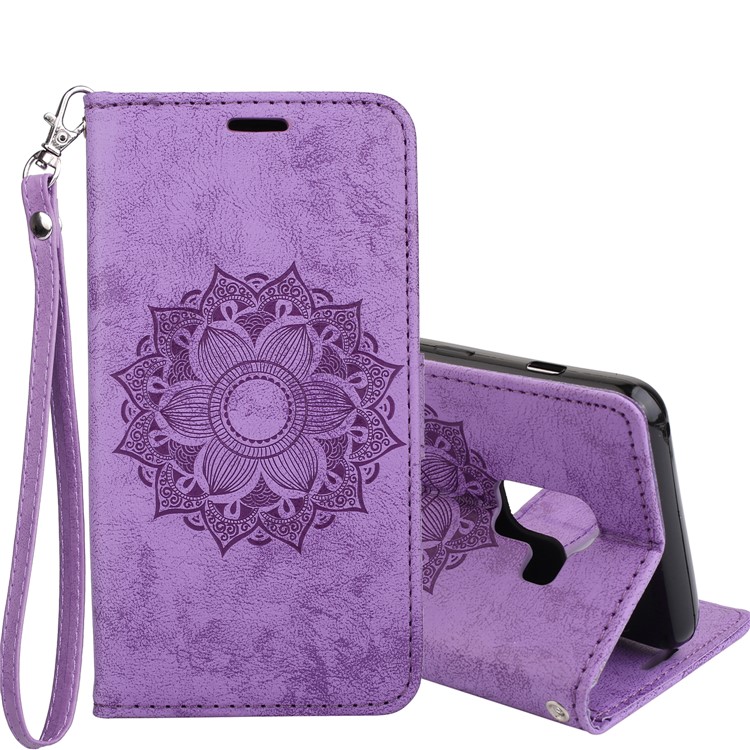 Imprint Mandala Flower Stand Wallet Leather Case for Samsung Galaxy A8+ (2018) - Purple-1