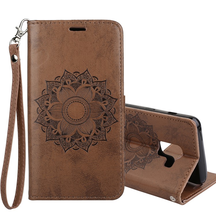 Imprint Mandala Flower Stand Wallet Leather Stand Casing for Samsung Galaxy A8+ (2018) - Brown-1