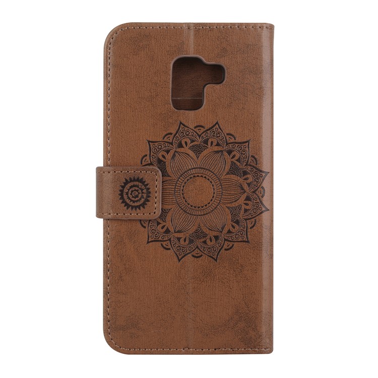 Imprint Mandala Flower Stand Wallet Leather Stand Casing for Samsung Galaxy A8+ (2018) - Brown-3