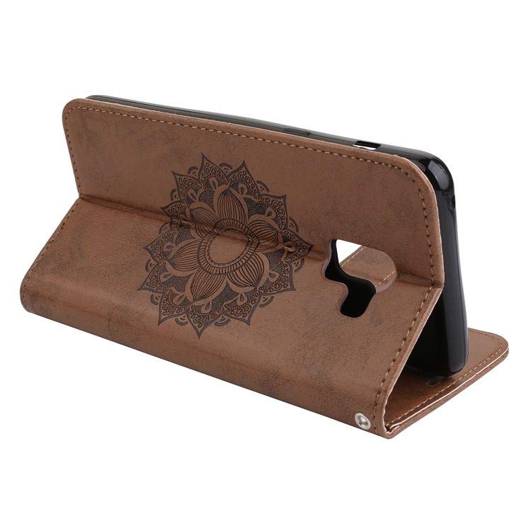 Imprint Mandala Flower Stand Wallet Leather Stand Casing for Samsung Galaxy A8+ (2018) - Brown-6