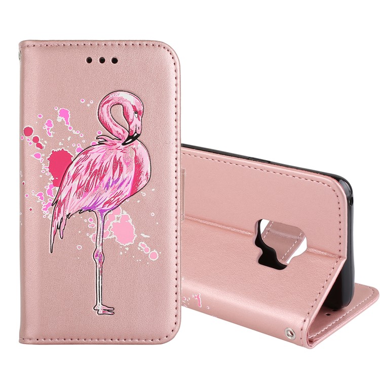 Glittery Flamingo Pattern Leather Magnetic Casing Cover for Samsung Galaxy S9 G960 - Rose Gold-1