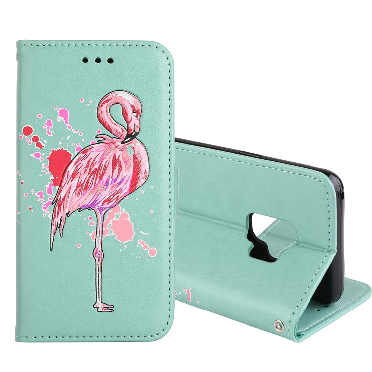 Glittery Flamingo Pattern Leather Magnetic Shell for Samsung Galaxy S9 G960 - Cyan-1