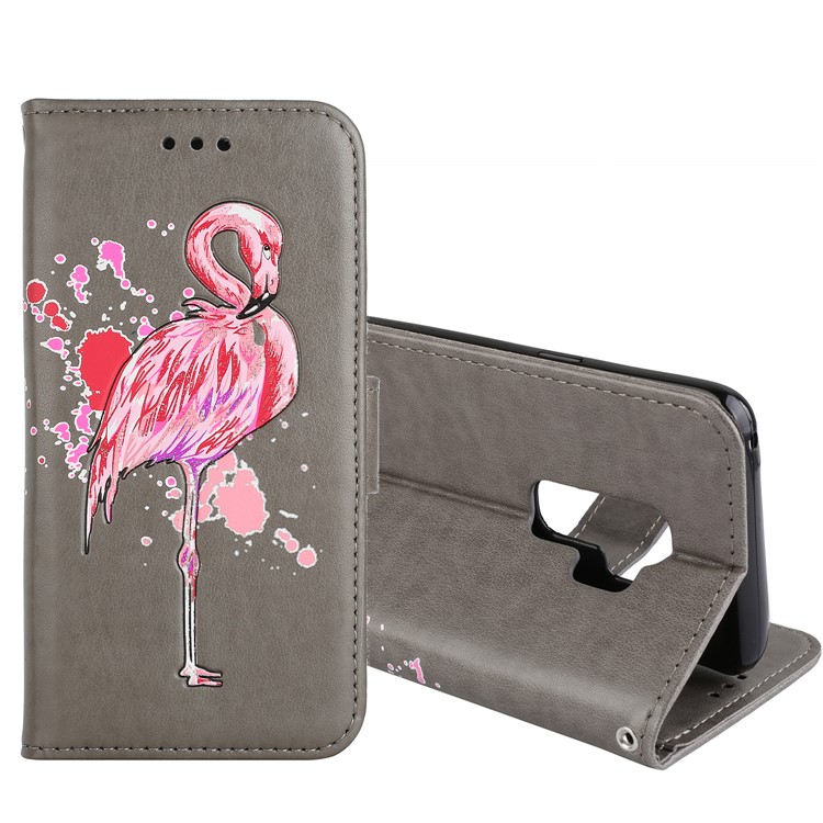 Glittery Flamingo Pattern Leather Magnetic Phone Cover for Samsung Galaxy S9 Plus SM-G965 - Grey-1