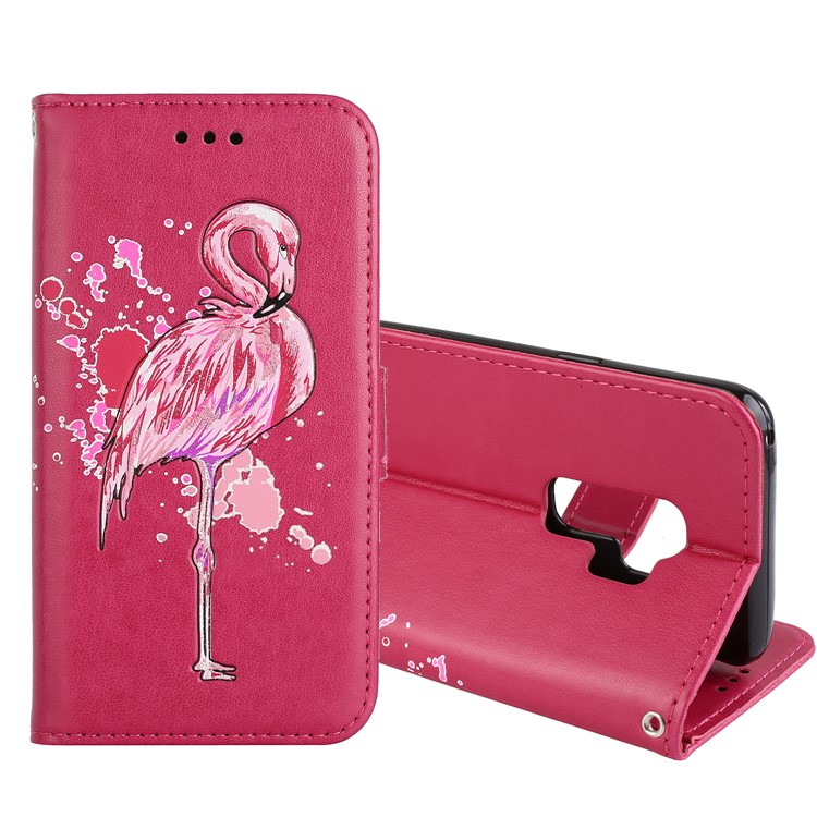 Glittery Flamingo Pattern Leather Magnetic Phone Casing Cover for Samsung Galaxy S9 Plus SM-G965 - Rose-1