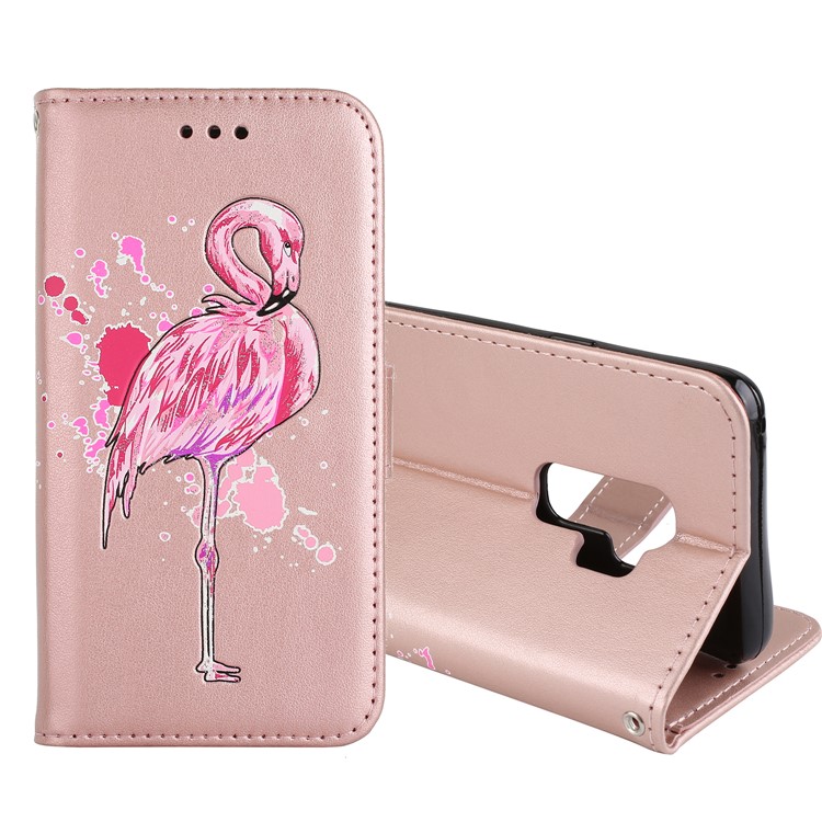 Glittery Flamingo Pattern Leather Magnetic Phone Case for Samsung Galaxy S9 Plus SM-G965 - Rose Gold-1
