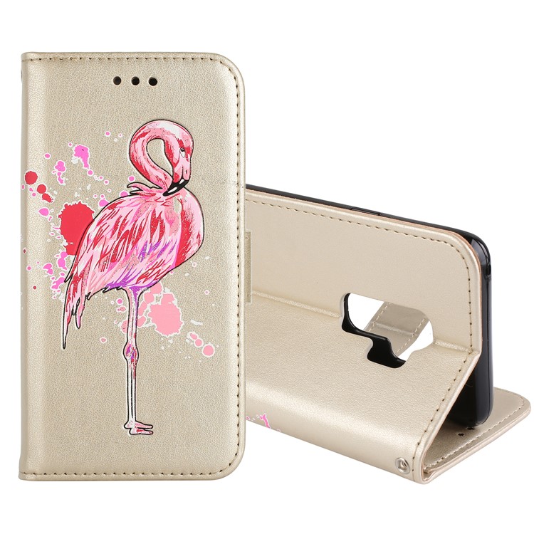 Glittery Flamingo Pattern Leather Magnetic Phone Accessory Cover for Samsung Galaxy S9 Plus SM-G965 - Gold-1