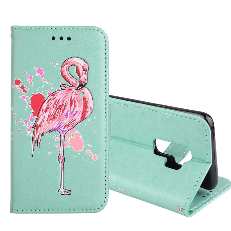 Glittery Flamingo Pattern Leather Magnetic Phone Accessory Case for Samsung Galaxy S9 Plus SM-G965 - Cyan-1