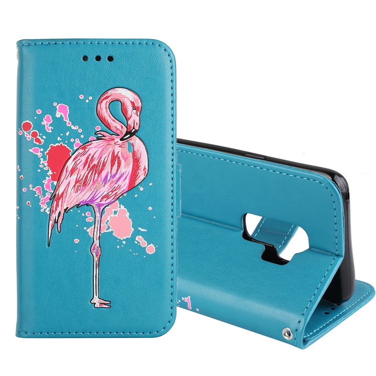 Glittery Flamingo Pattern Leather Magnetic Phone Shell for Samsung Galaxy S9 Plus SM-G965 - Blue-1