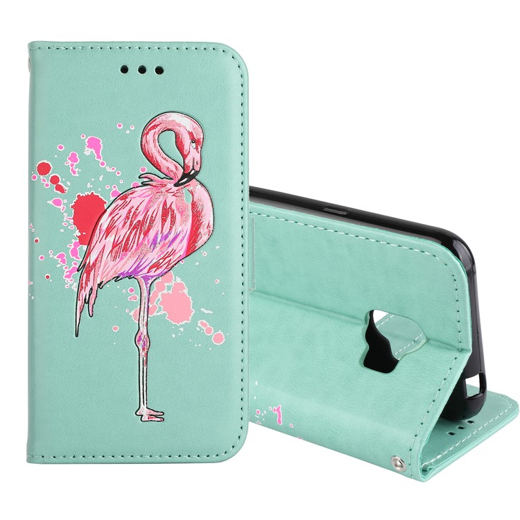 Glittery Flamingo Pattern Leather Magnetic Phone Case for Samsung Galaxy J2 Pro 2018 - Cyan-1