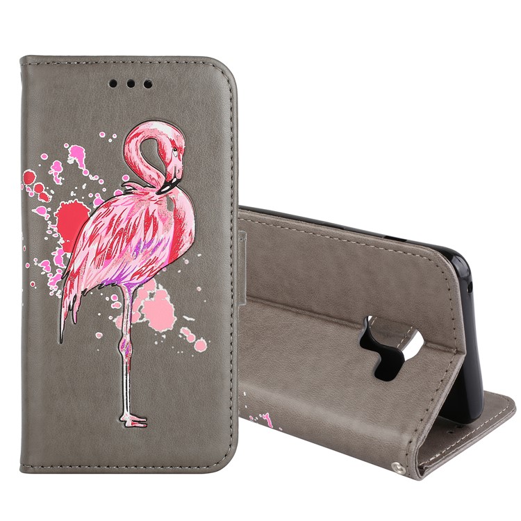 Glittery Powder Decor Flamingo Pattern Leather Magnetic Case for Samsung Galaxy A8 (2018) - Grey-1